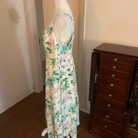 Old Navy floral midi dress linen size Large straps flower print white blue green - Picture 4 of 14